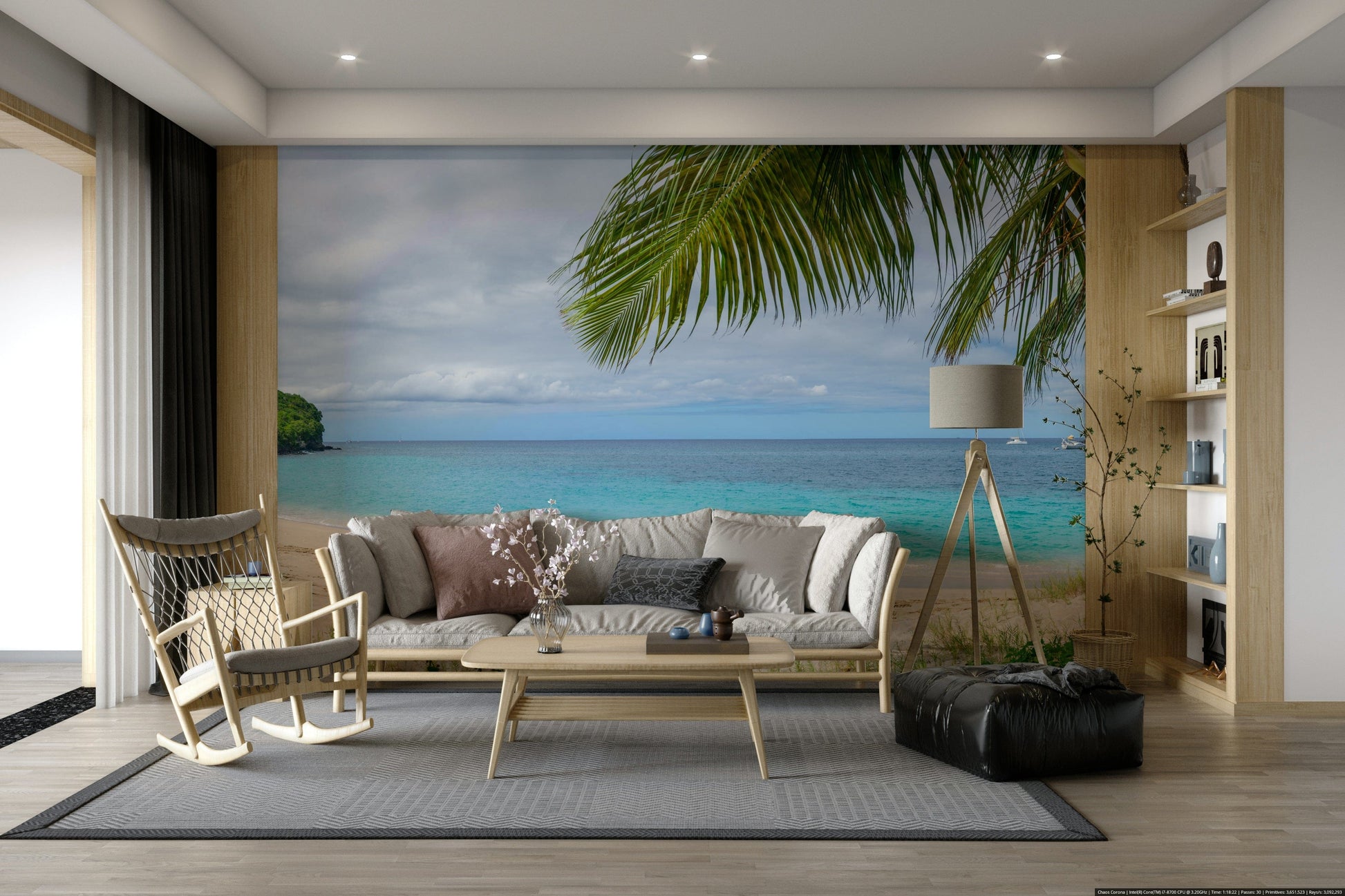 The mural shows a peaceful ocean scene.

