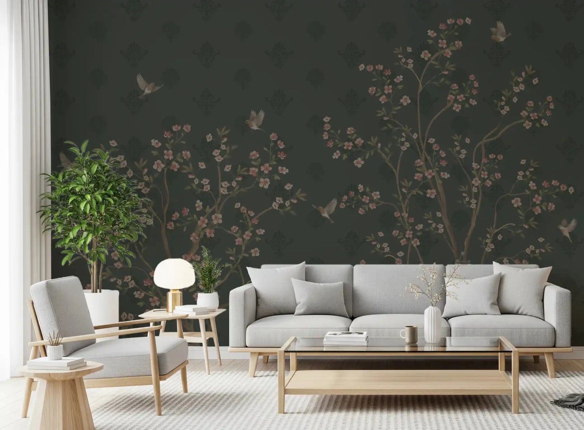 Emerald Bloom & Flight Wall Mural a for living room with deep green damask textures.