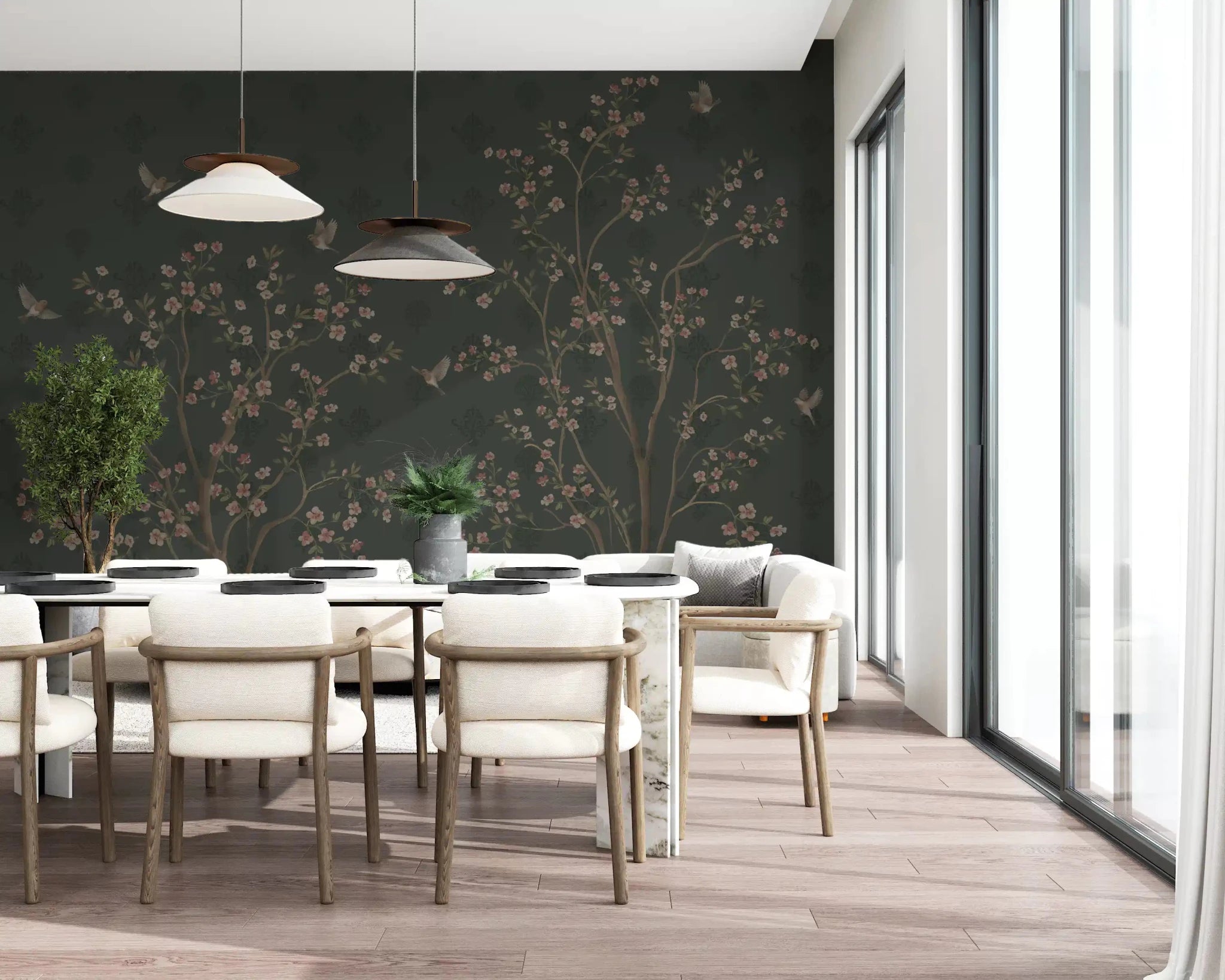 Emerald Bloom & Flight Wall Mural - Chinoiserie Style | AU