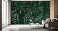 Deep green forest leaves featured on the Emerald Canopy Jungle Noctiverdis Plants Wall Mural for living room