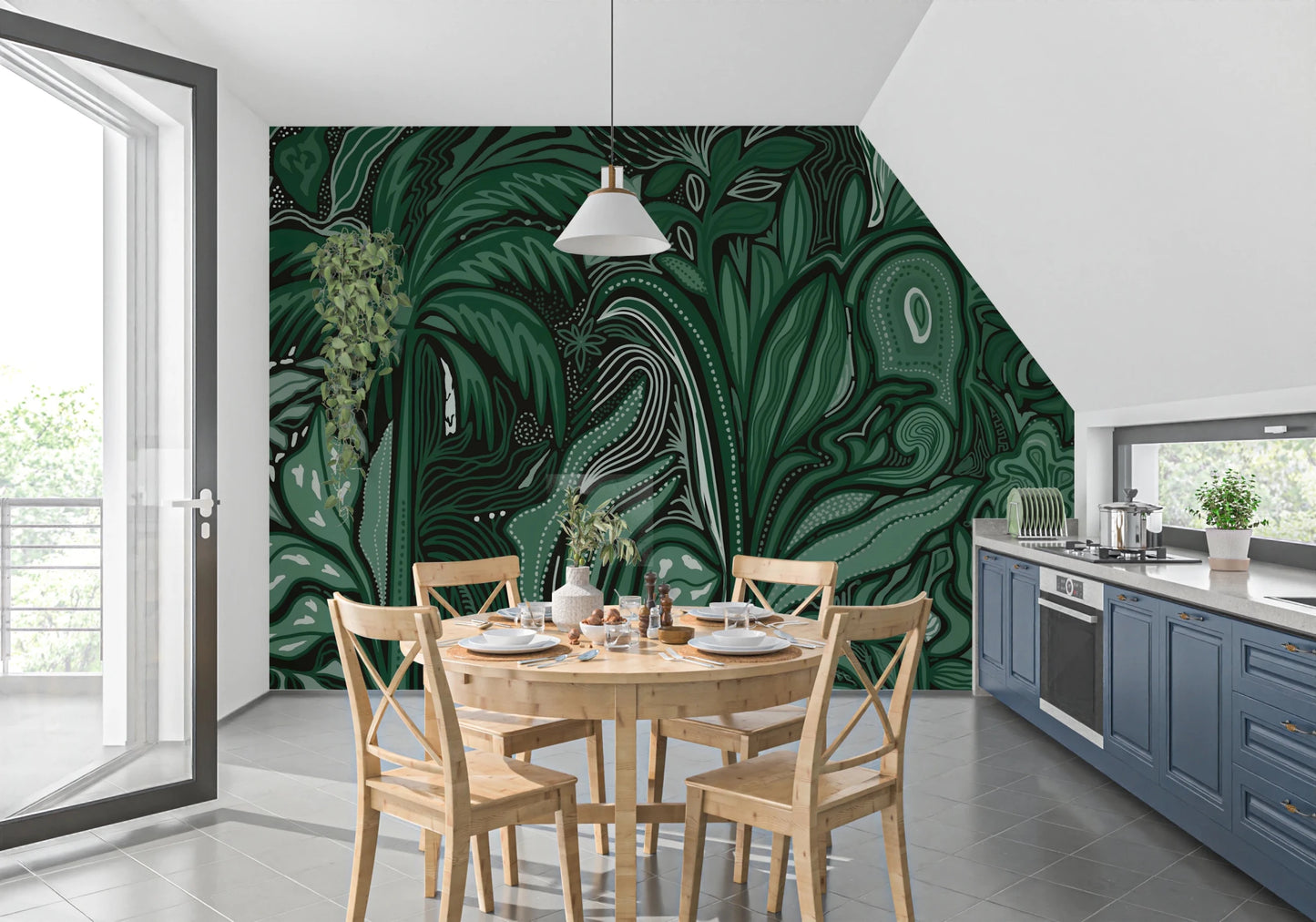 Detailed forest illustration on the Emerald Canopy Jungle Noctiverdis Plants Wall Mural