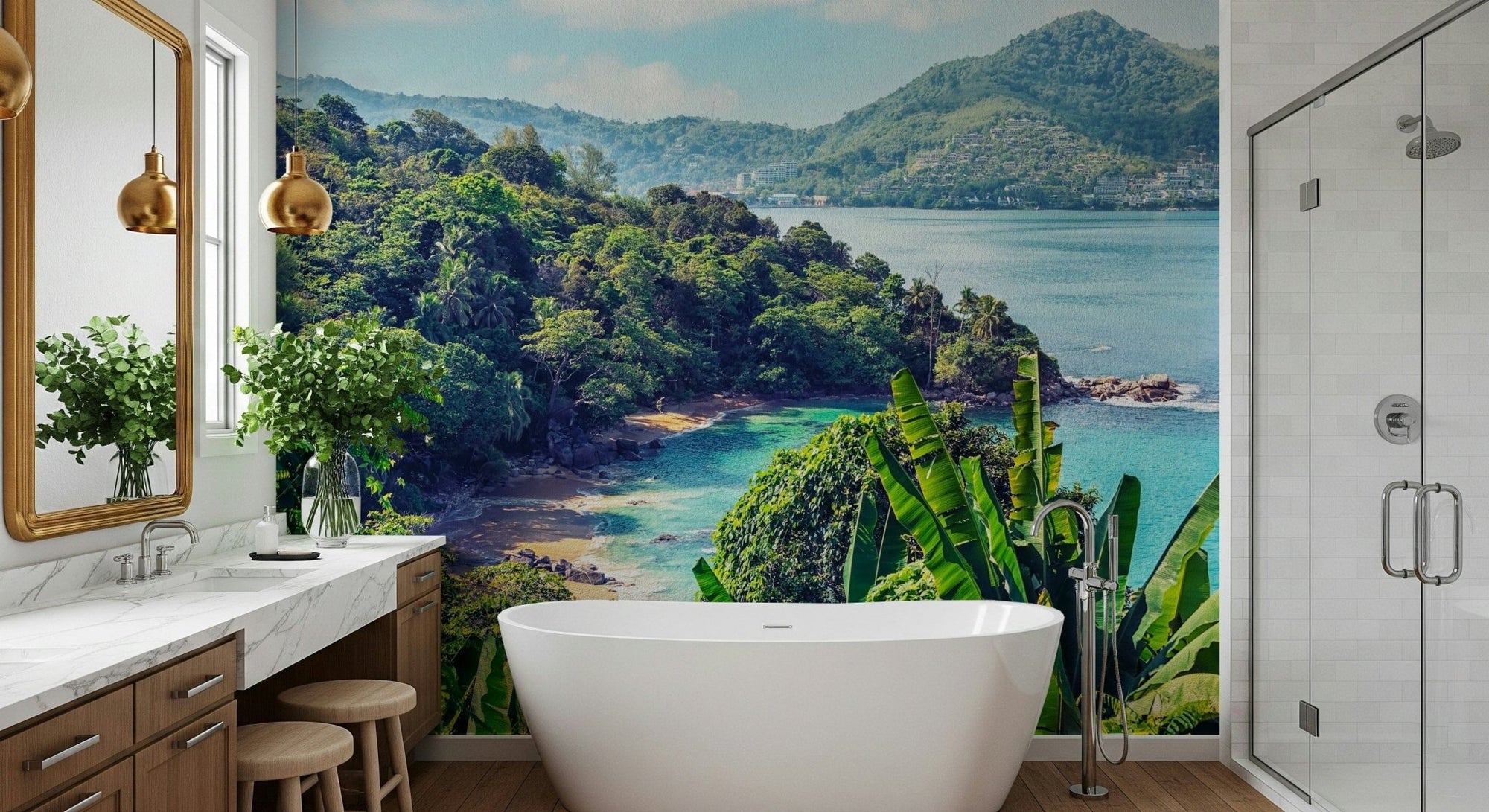 Emerald Coast wallpaper mural of a green jungle cove and turquoise bay behind a freestanding tub in a bathroom