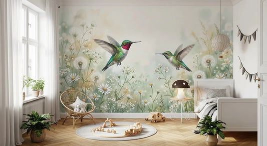 This vibrant wall mural with hummingbirds adds life to a cozy Kids room or office space.