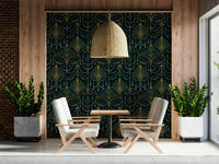 Gilded Emerald Deco Wallpaper — sophisticated geometric patterns in green and gold tones.
