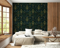 Modern deco wallpaper combining rich emerald hues and metallic gold accents for a luxurious look.