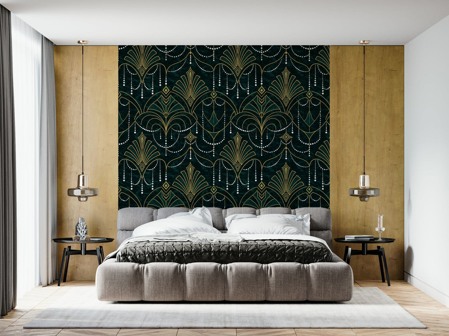 Elegant geometric wallpaper in deep emerald green with gilded gold detailing.
