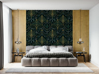 Elegant geometric wallpaper in deep emerald green with gilded gold detailing.