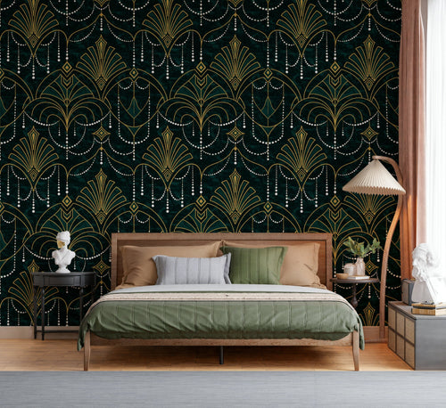 Gilded Emerald Deco Wallpaper featuring luxurious emerald green geometric patterns with gold accents.