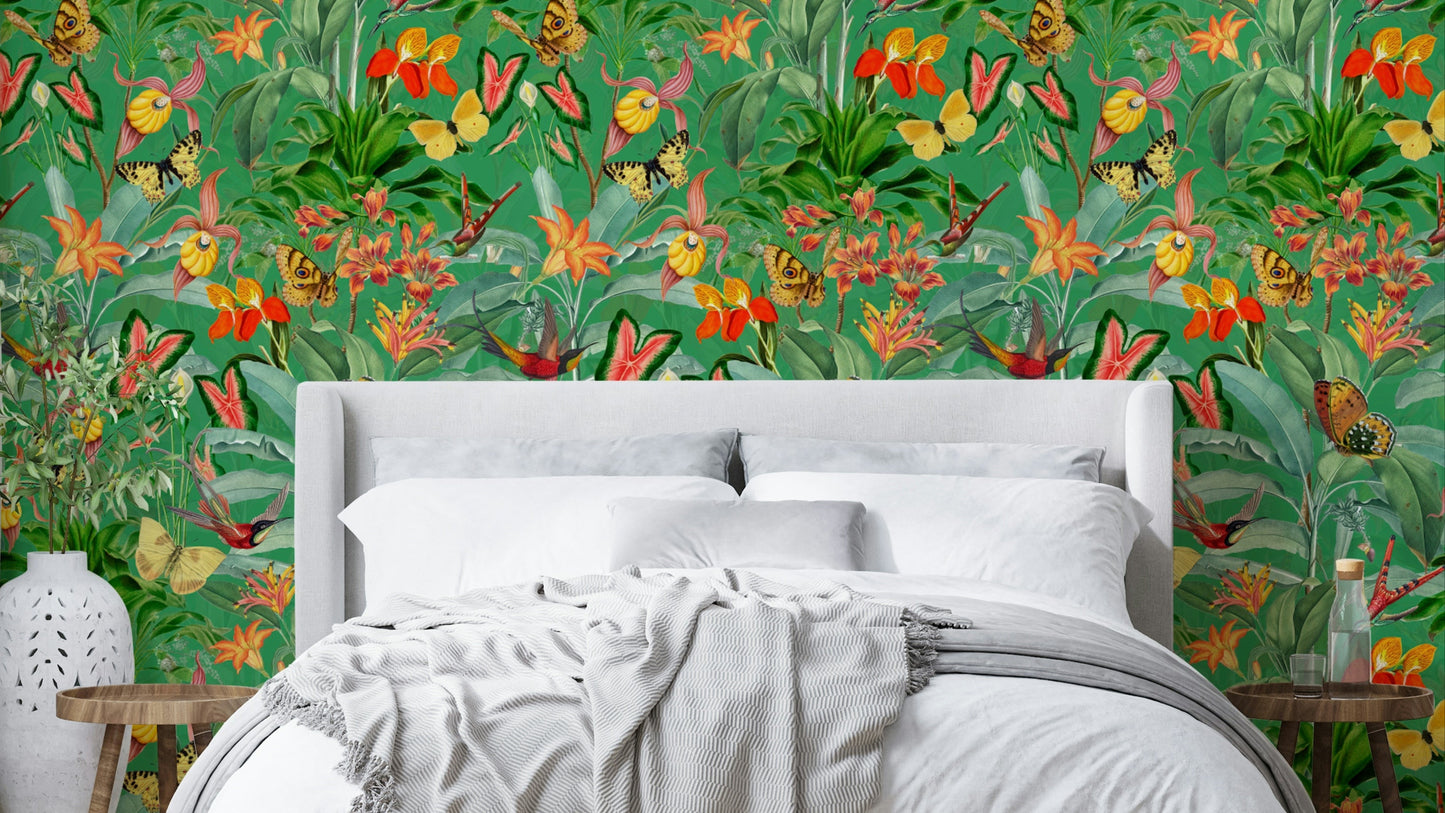 Emerald Enchantment Tropical Botanical wallpaper featuring lush greenery

