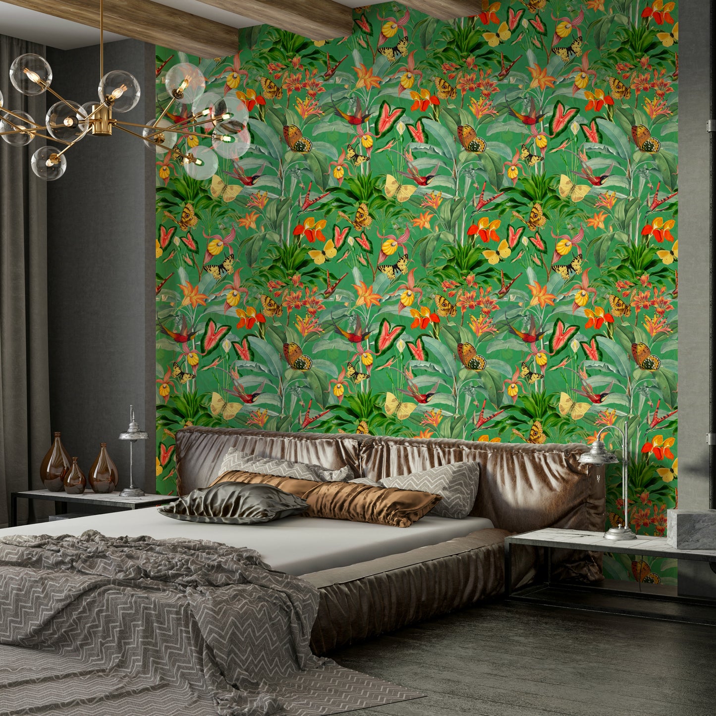 Bold tropical botanical design with intricate flowers and greenery

