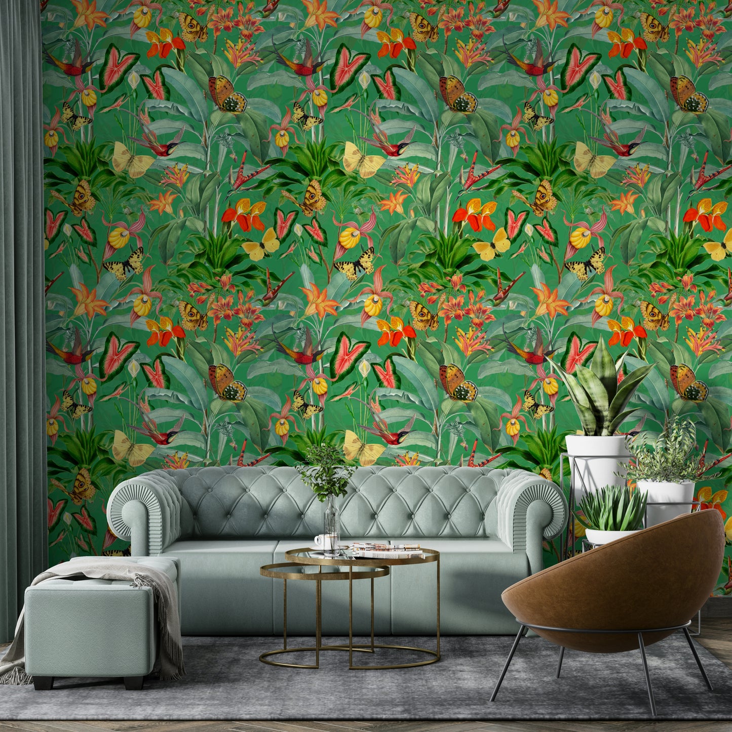 Tropical-themed wallpaper with vibrant foliage and botanical details

