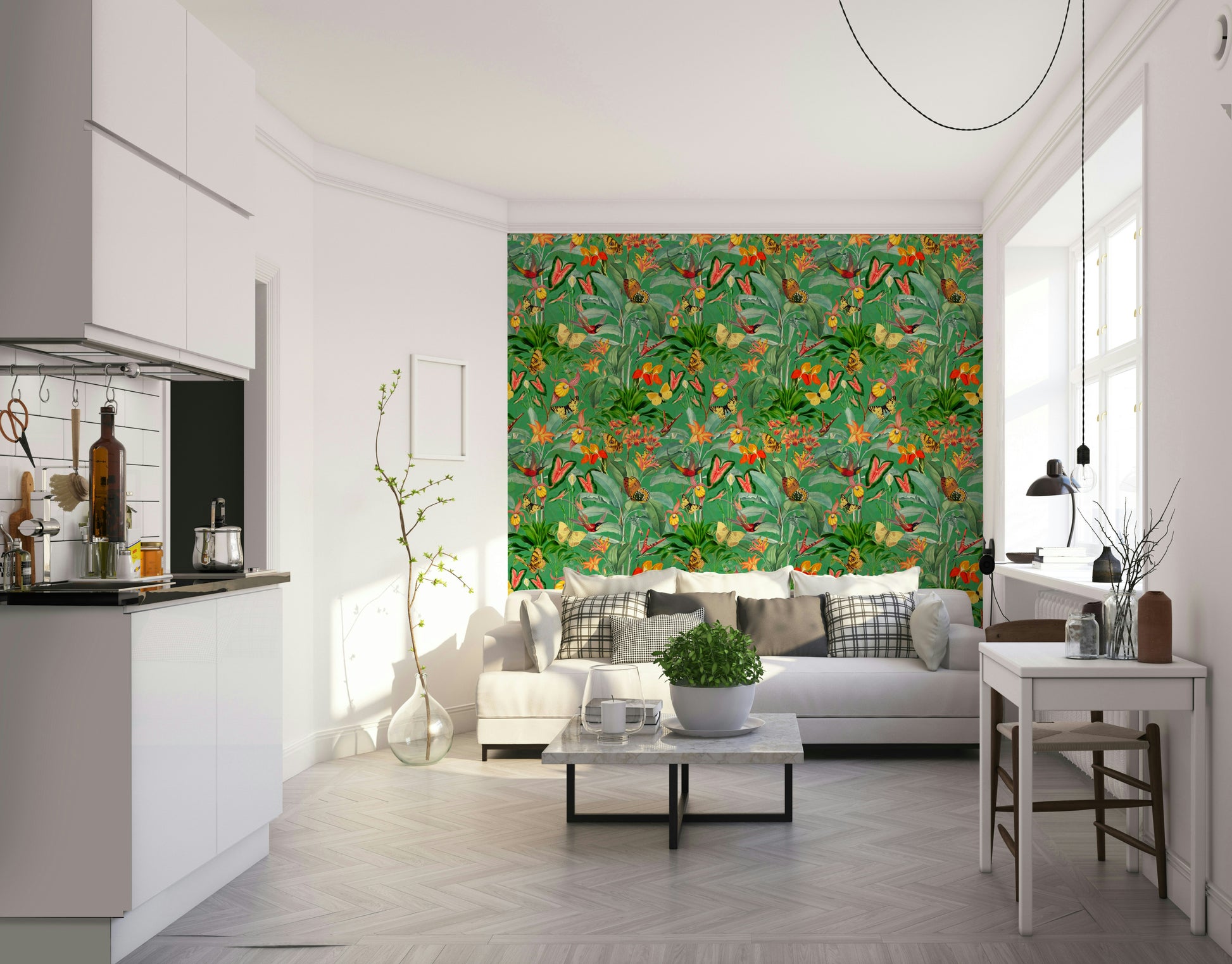 Exotic flowers and rich green leaves in tropical wallpaper design

