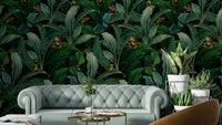 Emerald-eyed jungle animals in wallpaper for bold room decor


