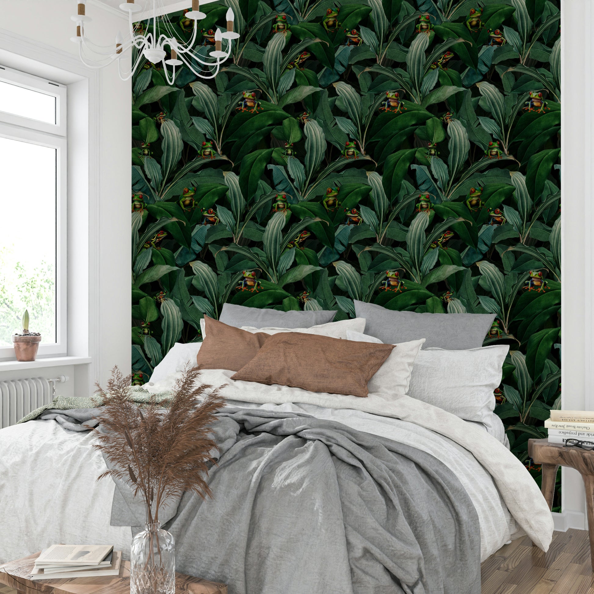 Lush jungle wallpaper with vivid green eyes of exotic creatures

