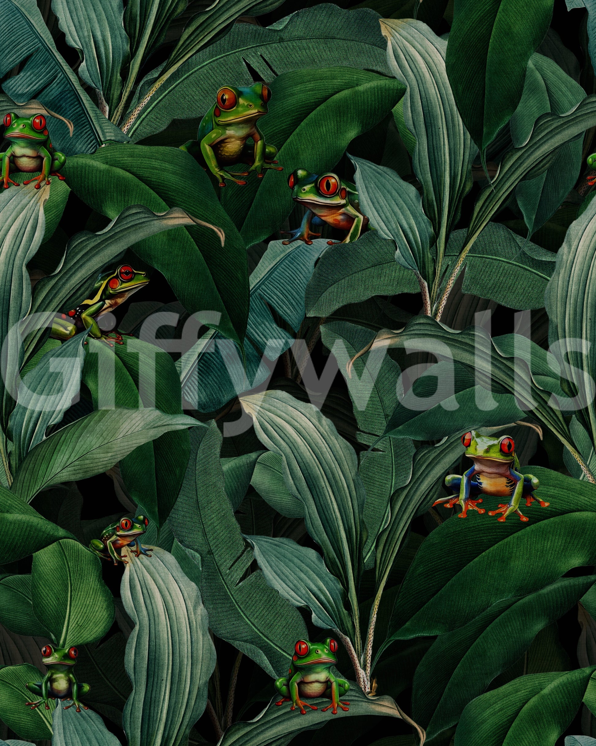 Jungle-inspired wallpaper with vivid emerald eyes and lush plants

