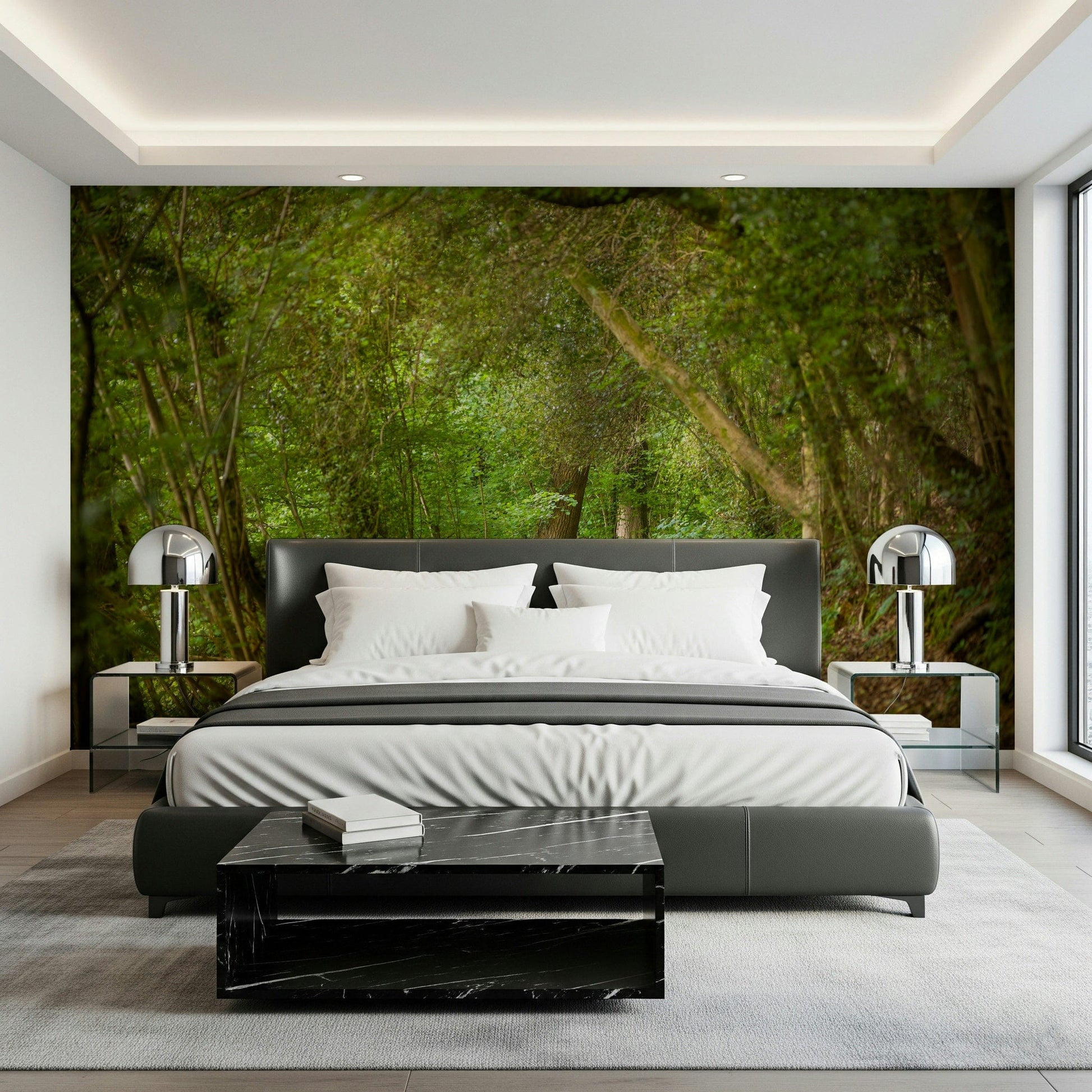 Green shaded walkway wall mural natural arboreal setting design.