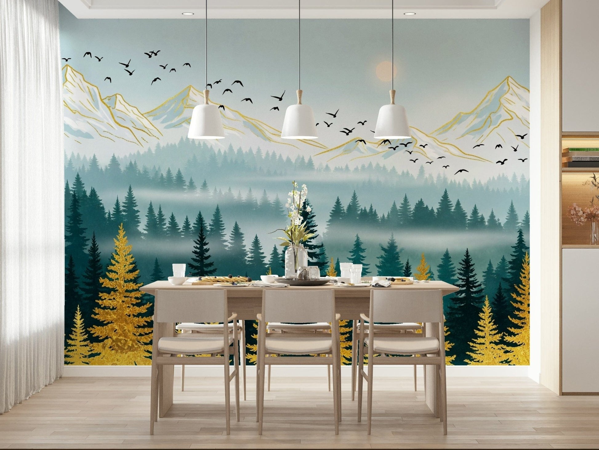 White snowy summits Emerald Forest wallpaper for walls.