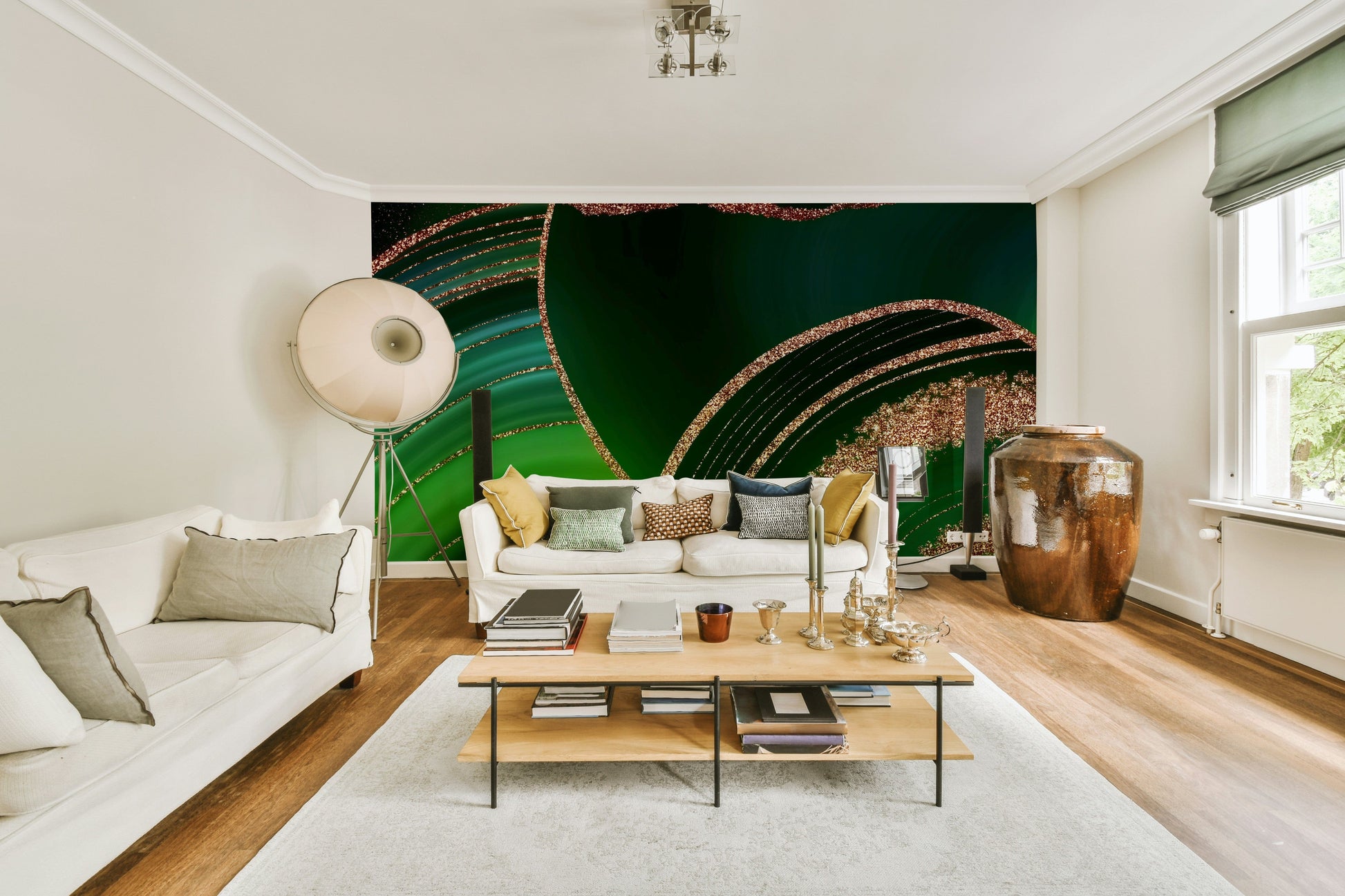 The wall art combines a flowing pattern with metallic accents.

