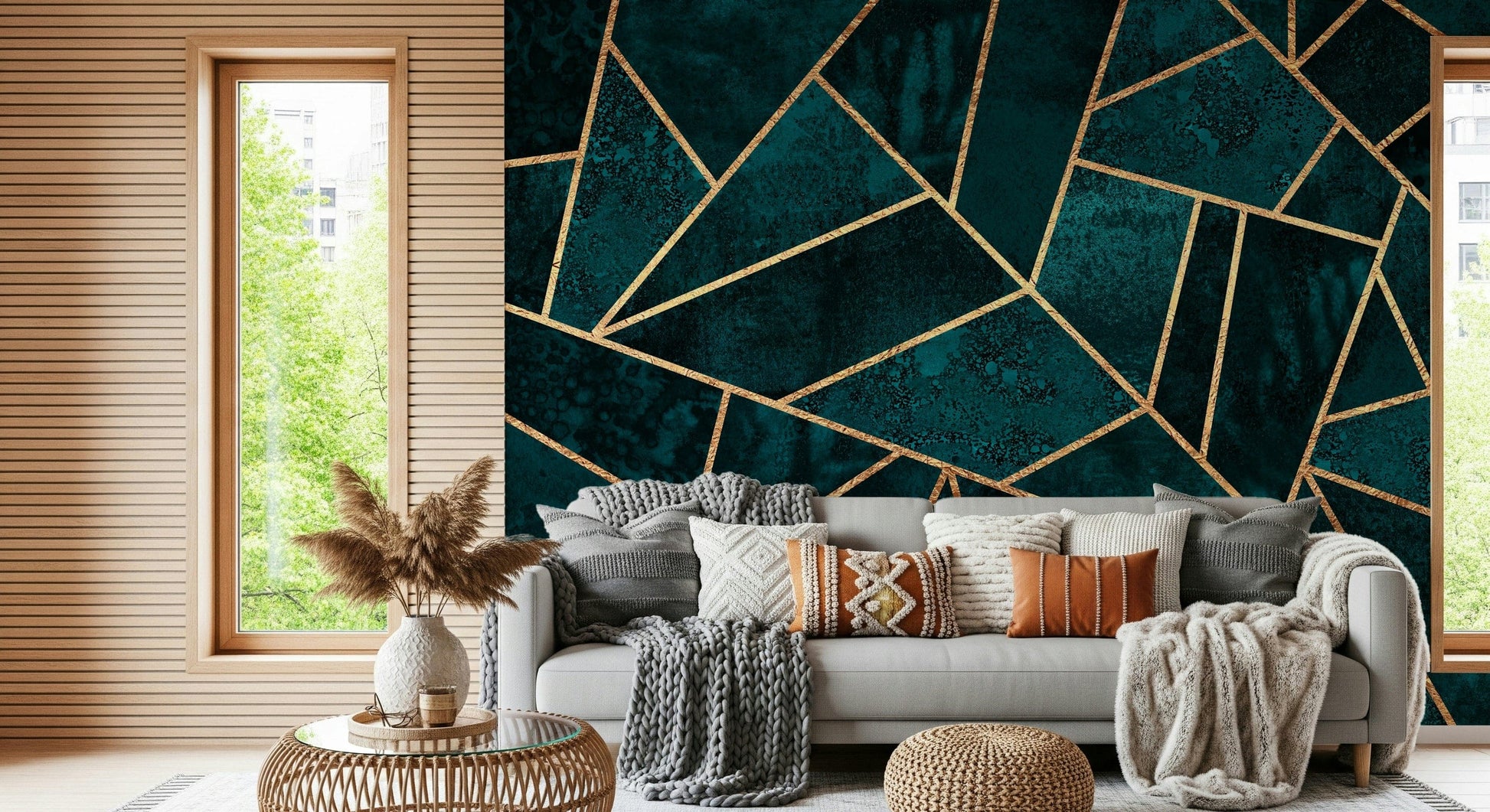 A calming modern pattern wallpaper mural that defines a space.