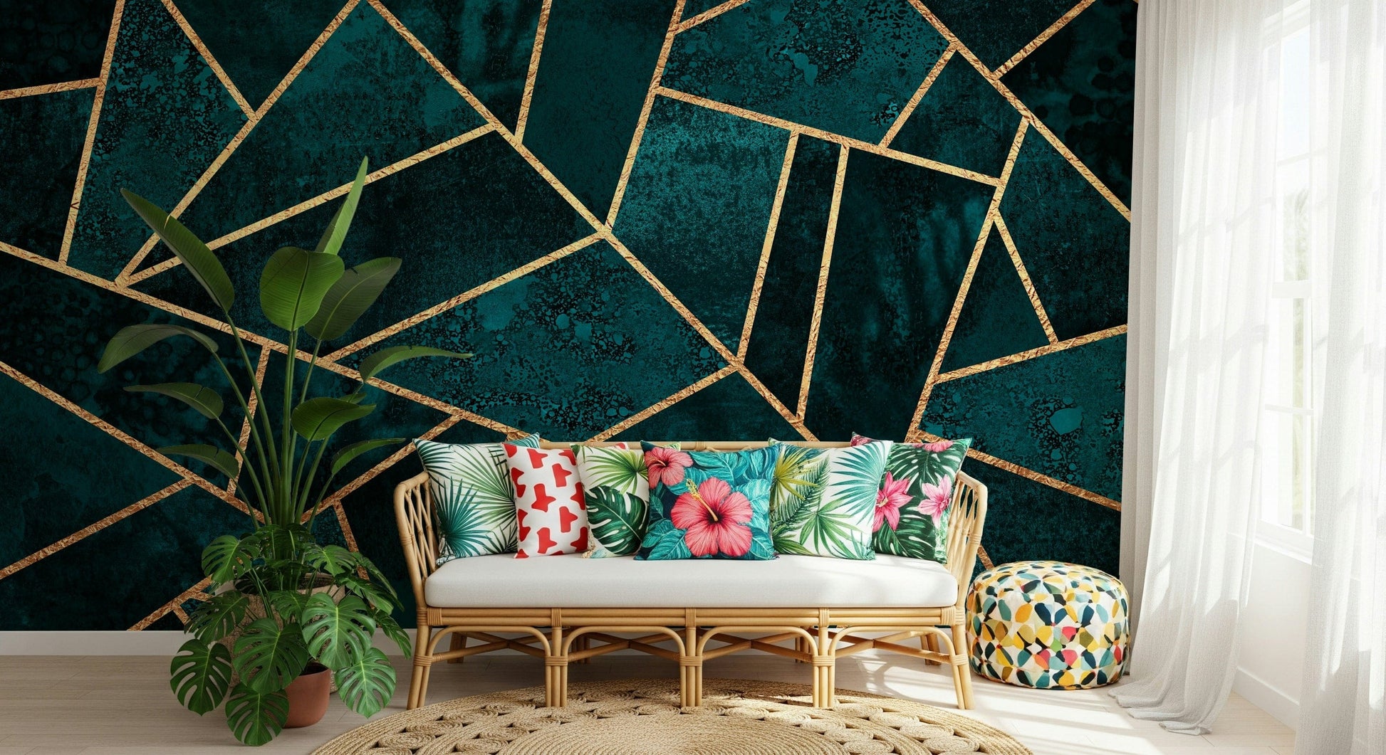 A contemplative geometric design wallpaper mural for a feature wall.