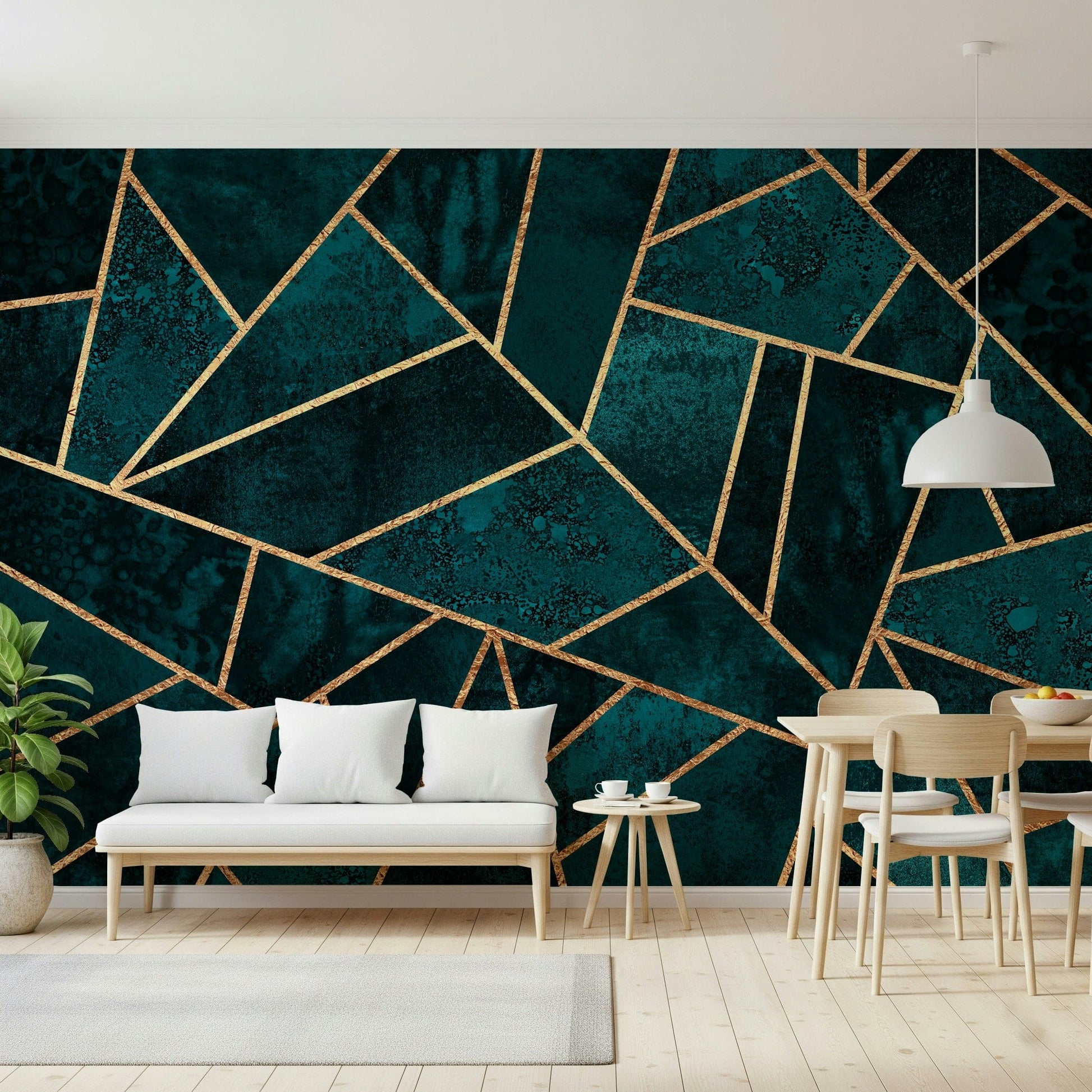 A beautiful emerald and gold geometric wallpaper mural for a modern home.