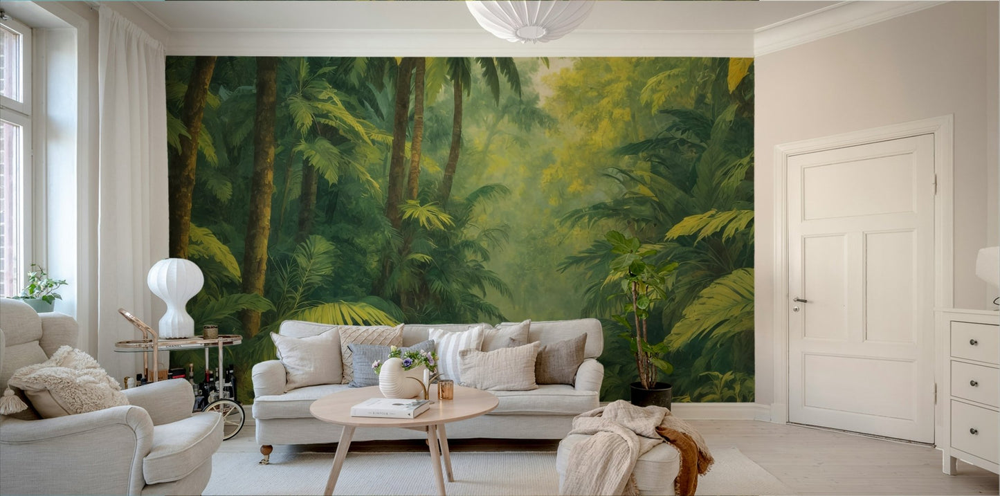 The jungle and stream are a central focus of the image.

