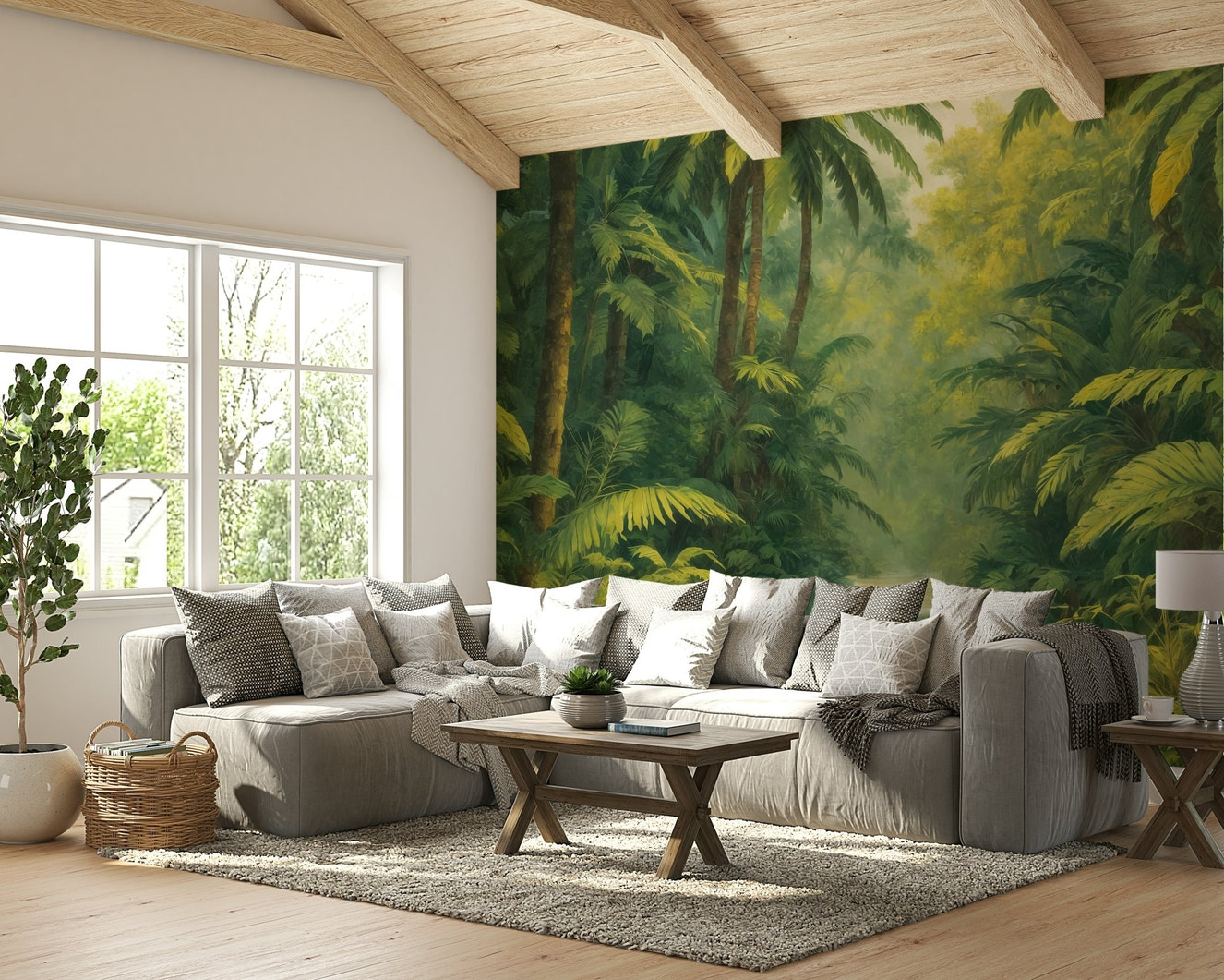 A wall mural of a peaceful jungle stream.

