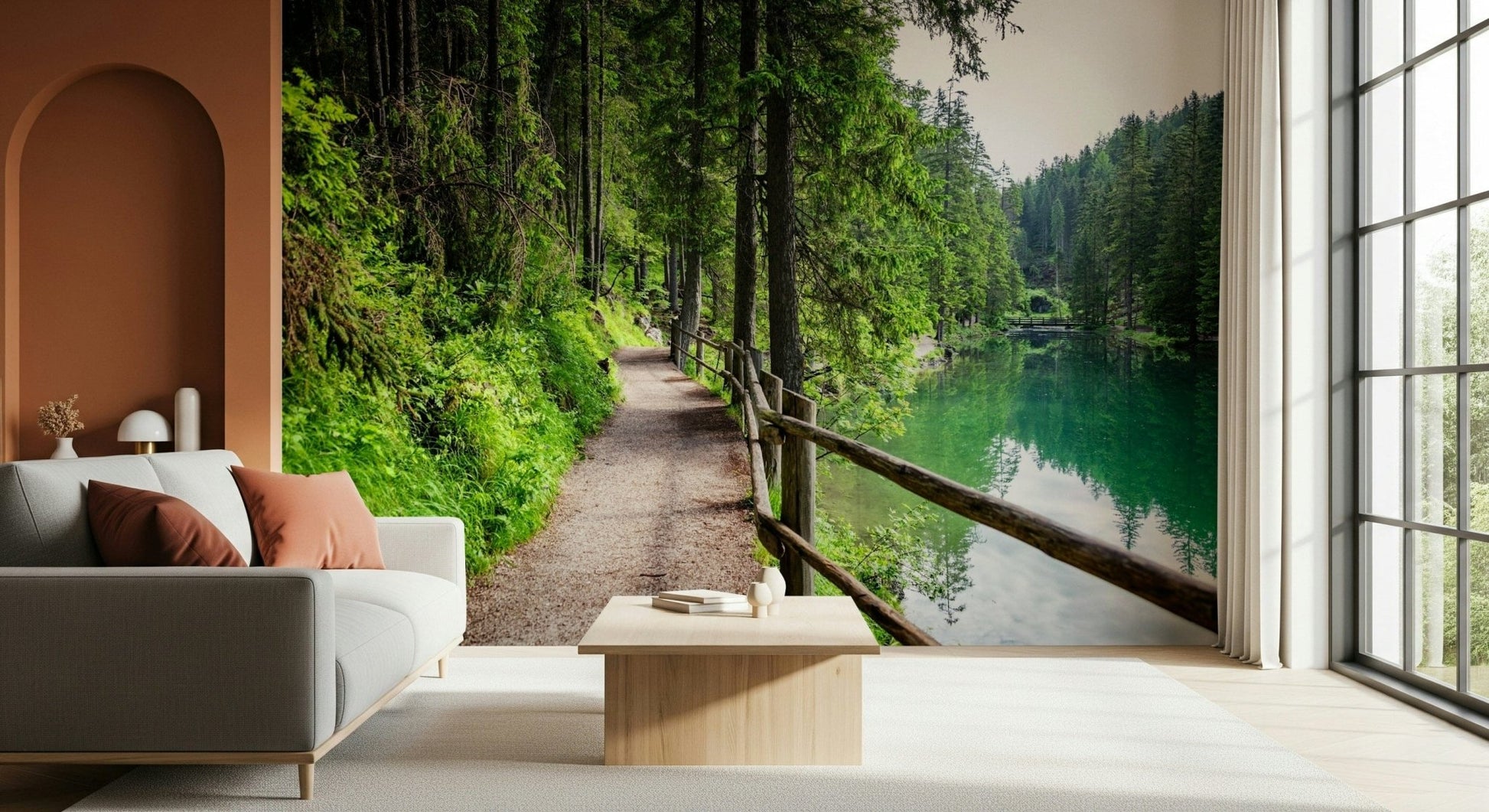 Lake trail mural in entryway, forest path and water view behind timber console