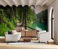 Mountain trail lake mural in home office, scenic backdrop for work zone