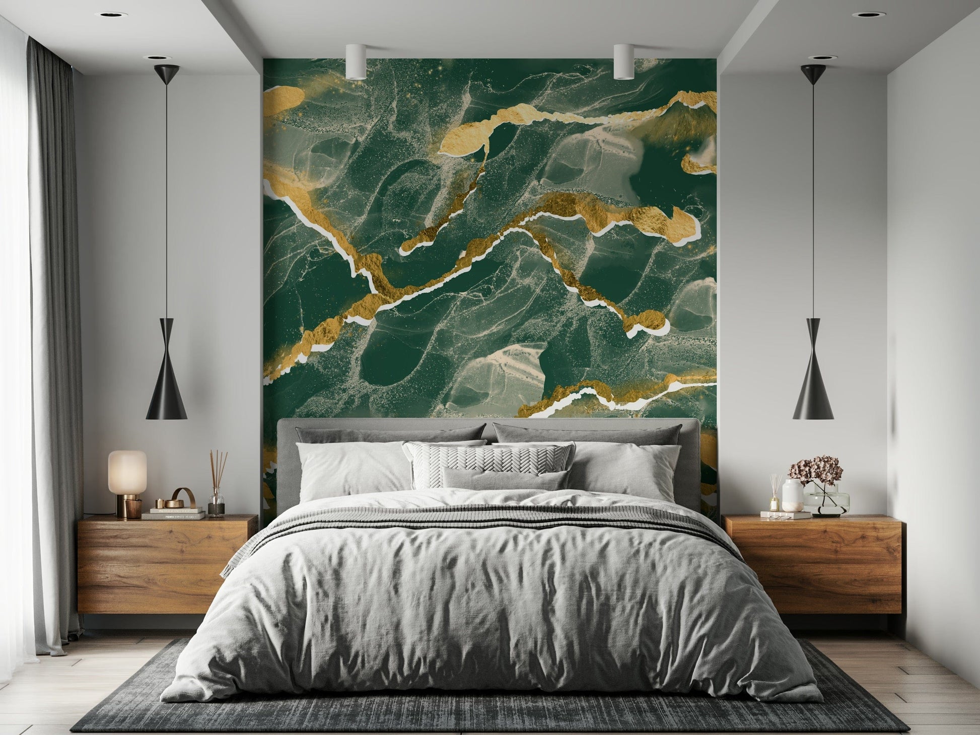 A modern abstract wall mural depicting a stunning emerald green and gold Marble Wallpaper pattern.