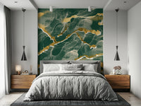 A modern abstract wall mural depicting a stunning emerald green and gold Marble Wallpaper pattern.