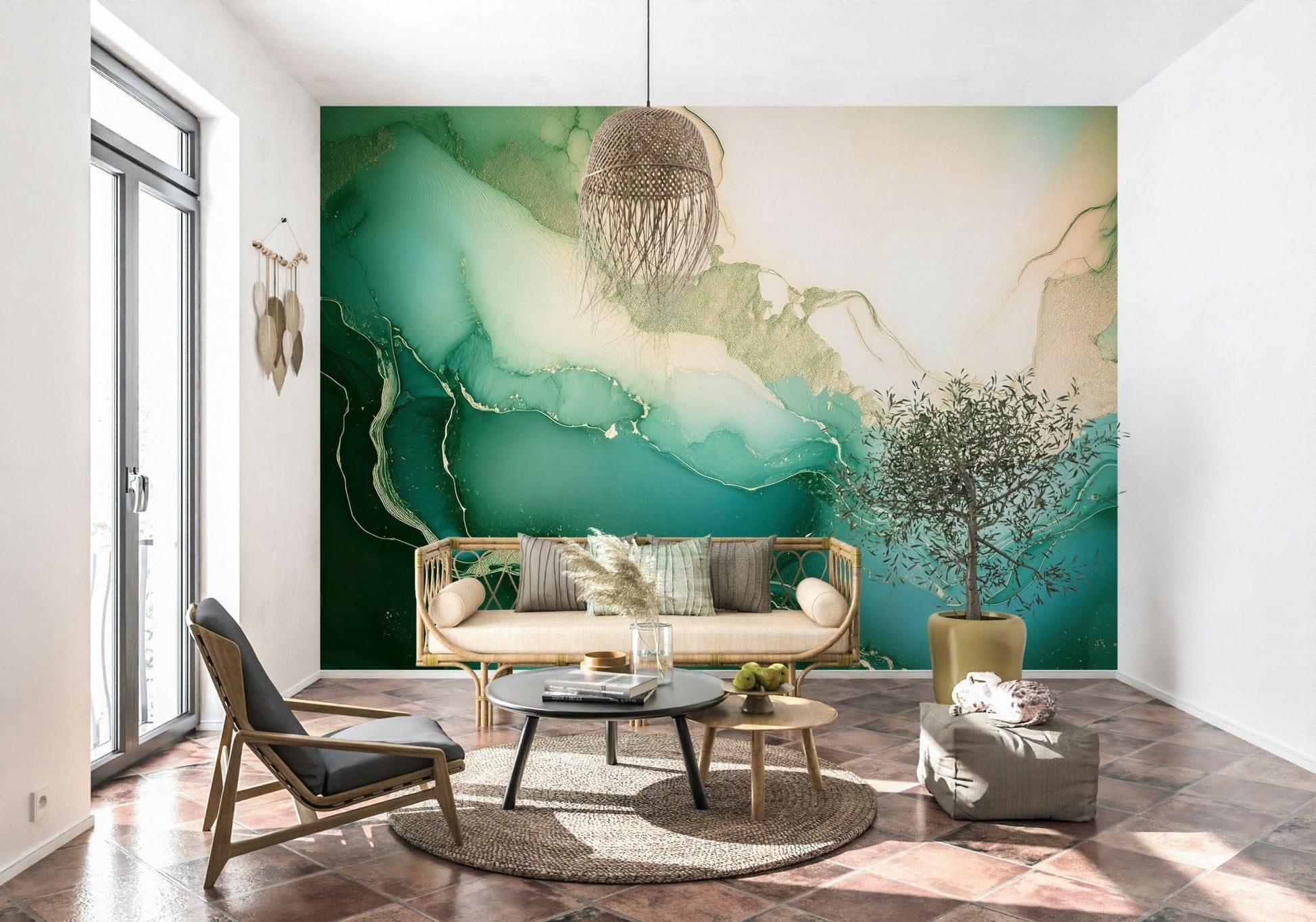Luxurious marble-inspired wall mural with deep emerald tones and elegant fluid patterns.