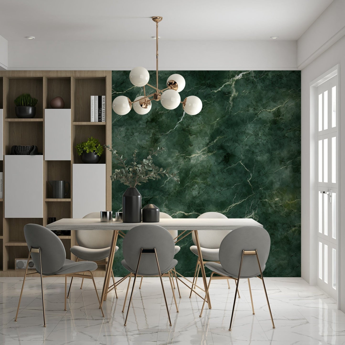 Wall mural depicting swirling emerald veins in luxurious marble-inspired textures.