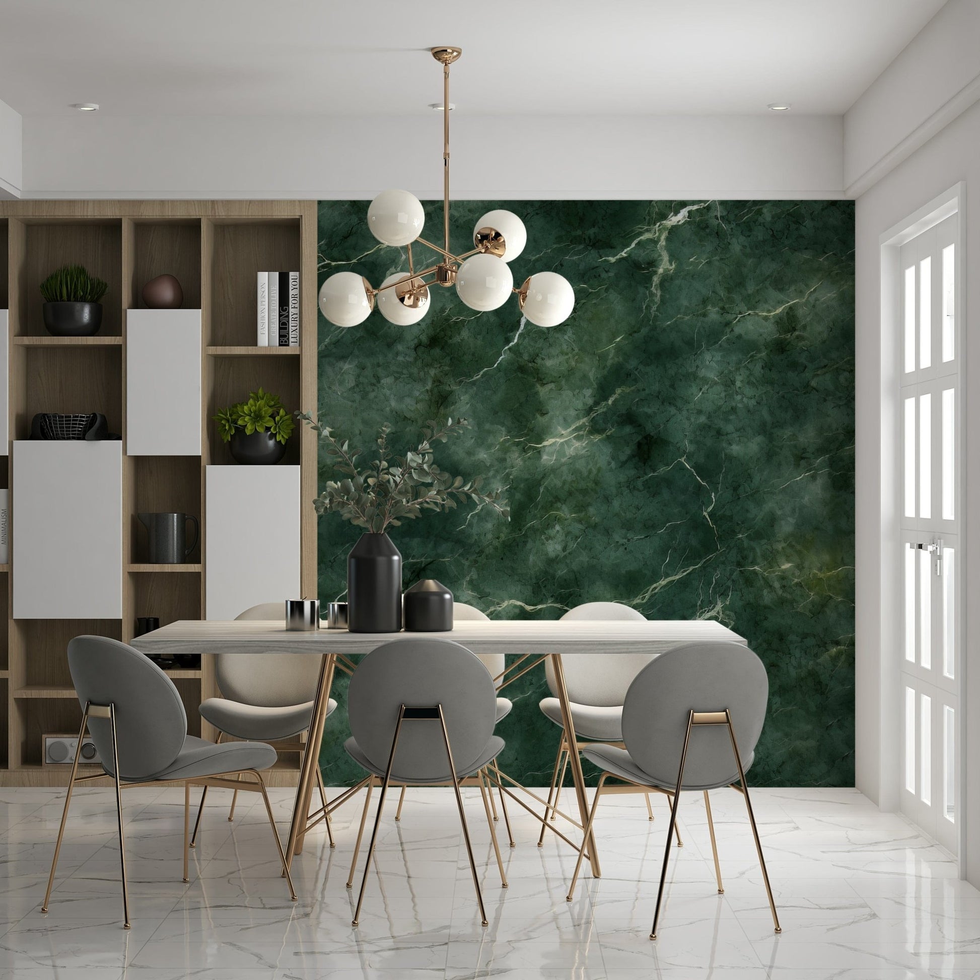 Wall mural depicting swirling emerald veins in luxurious marble-inspired textures.