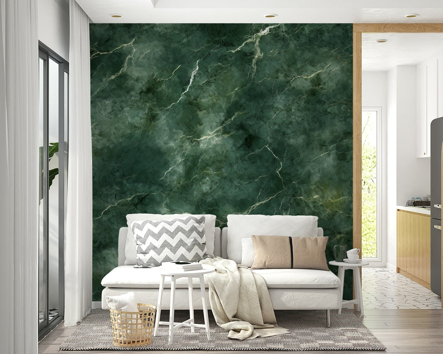 Luxurious emerald marble wallpaper with dynamic swirls for modern and classic interiors.