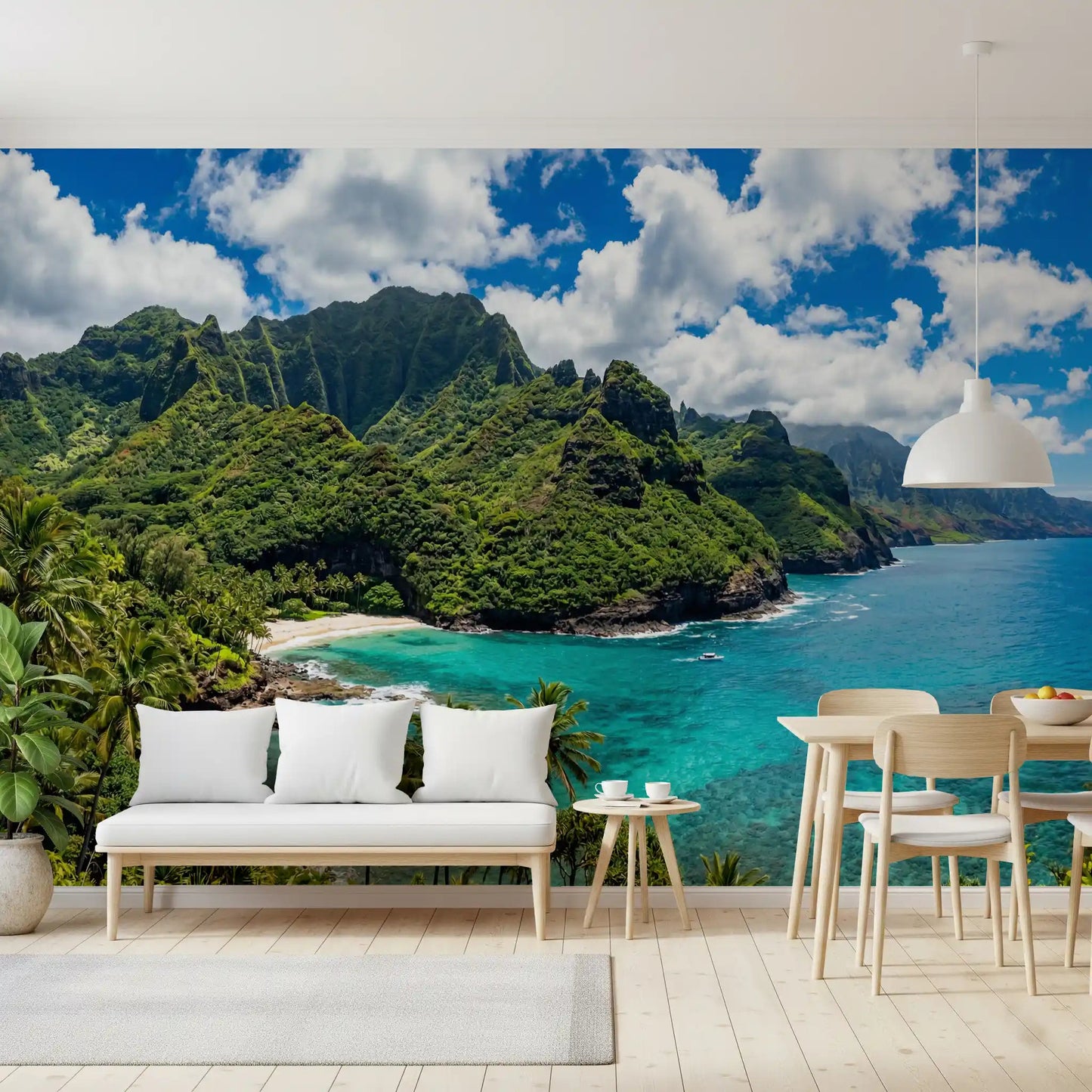 Beach landscape wall mural turquoise sea green hills and water.