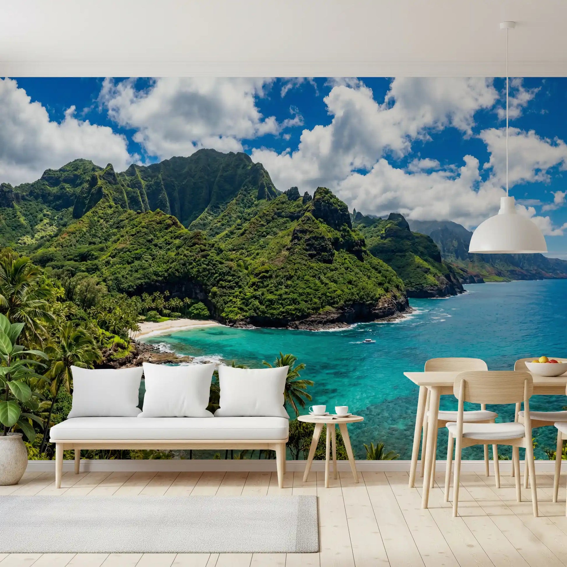 Beach landscape wall mural turquoise sea green hills and water.