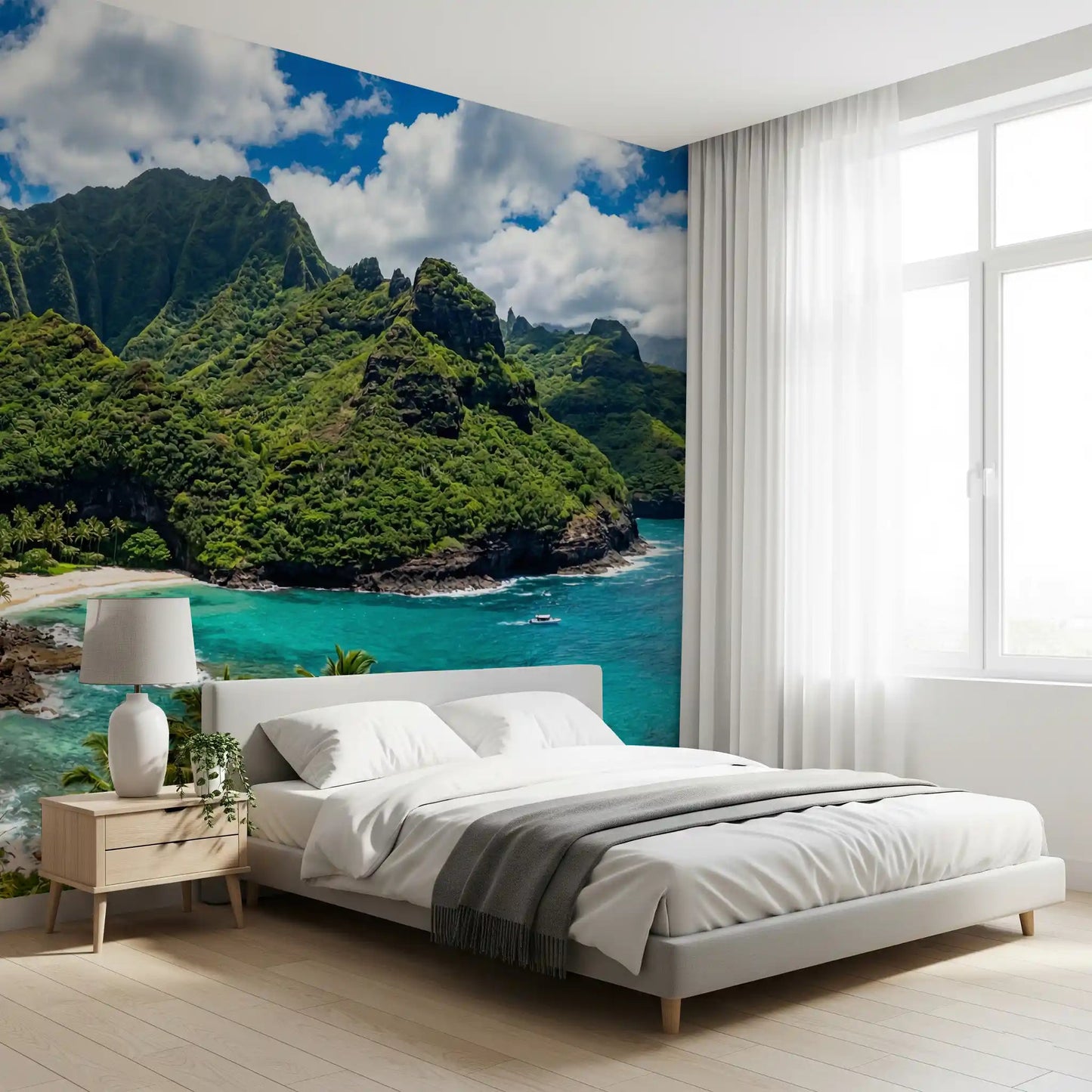 Bedroom beach wall mural azure sea green cliffs scene