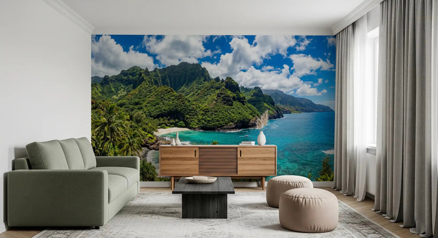 Hallway coastal wall mural tropical shore blue waters