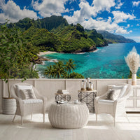Island coast wall mural tropical sea green mountains and water.