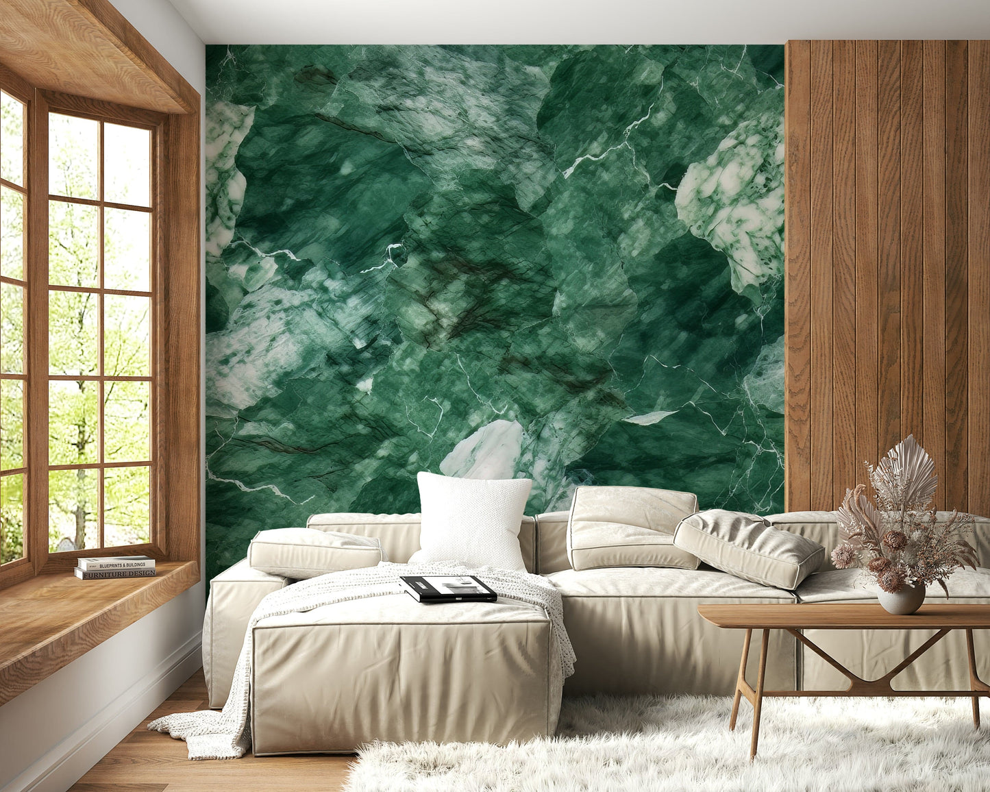 Emerald Stone Wall Mural — natural stone textures in deep green hues with subtle veining.
