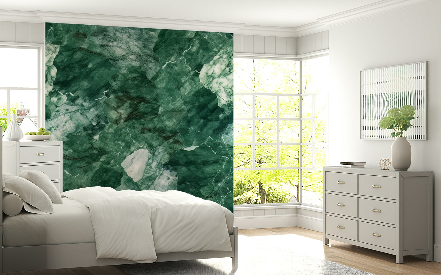 Emerald-inspired wallpaper with realistic marble patterns for elegant interior walls.
