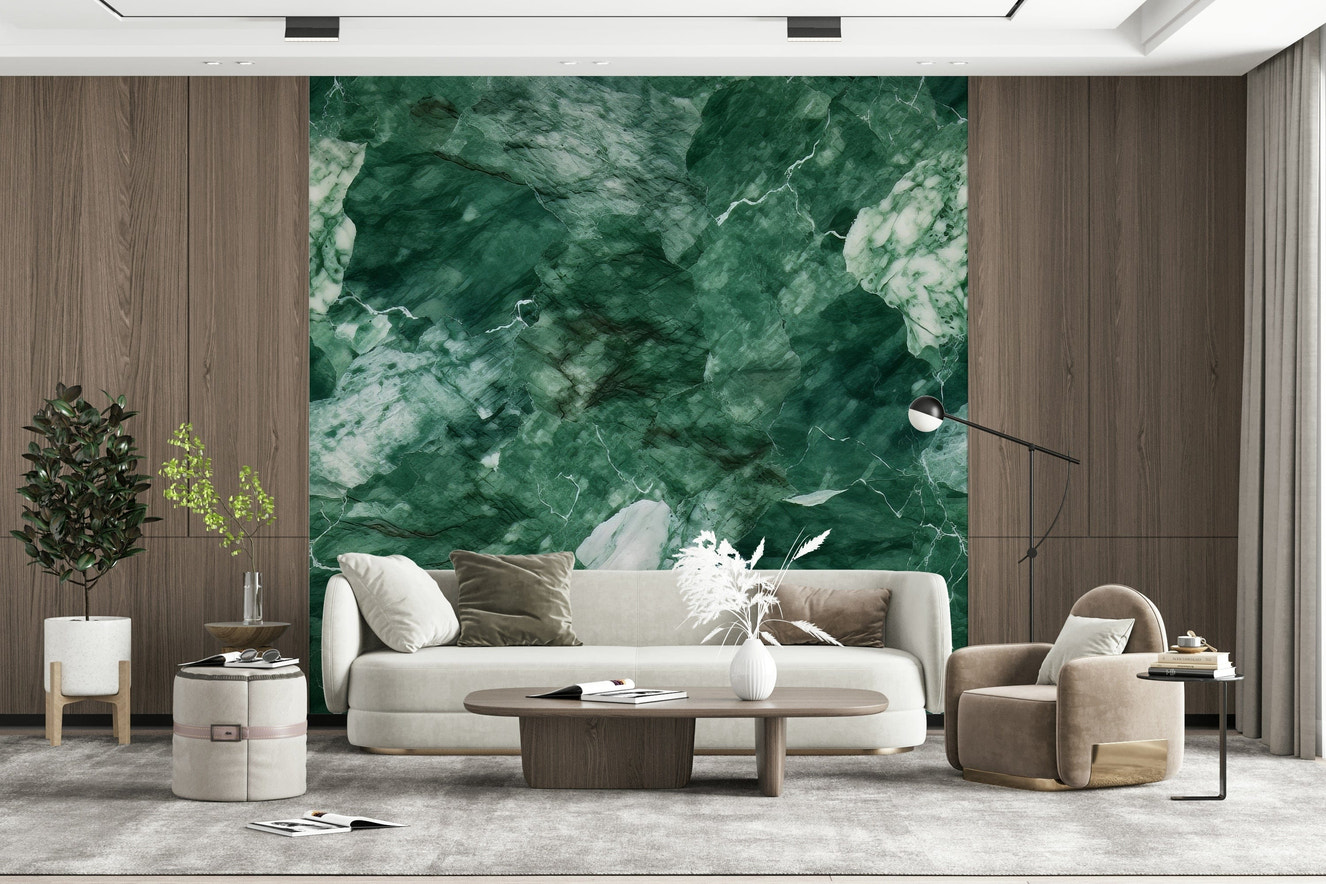 Emerald Stone Wall Mural featuring rich green marble textures with natural stone patterns.