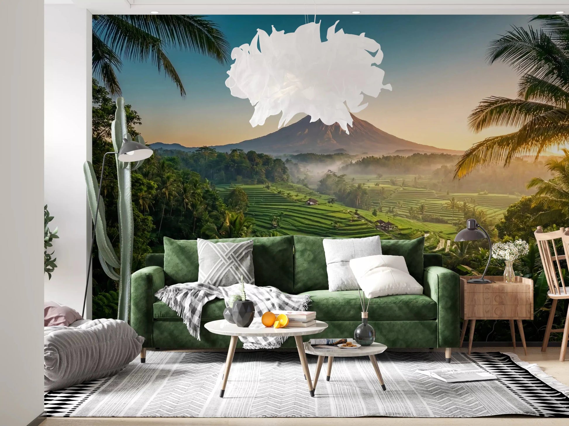 Nature-inspired wall mural with lush terraces and volcanic mountain view