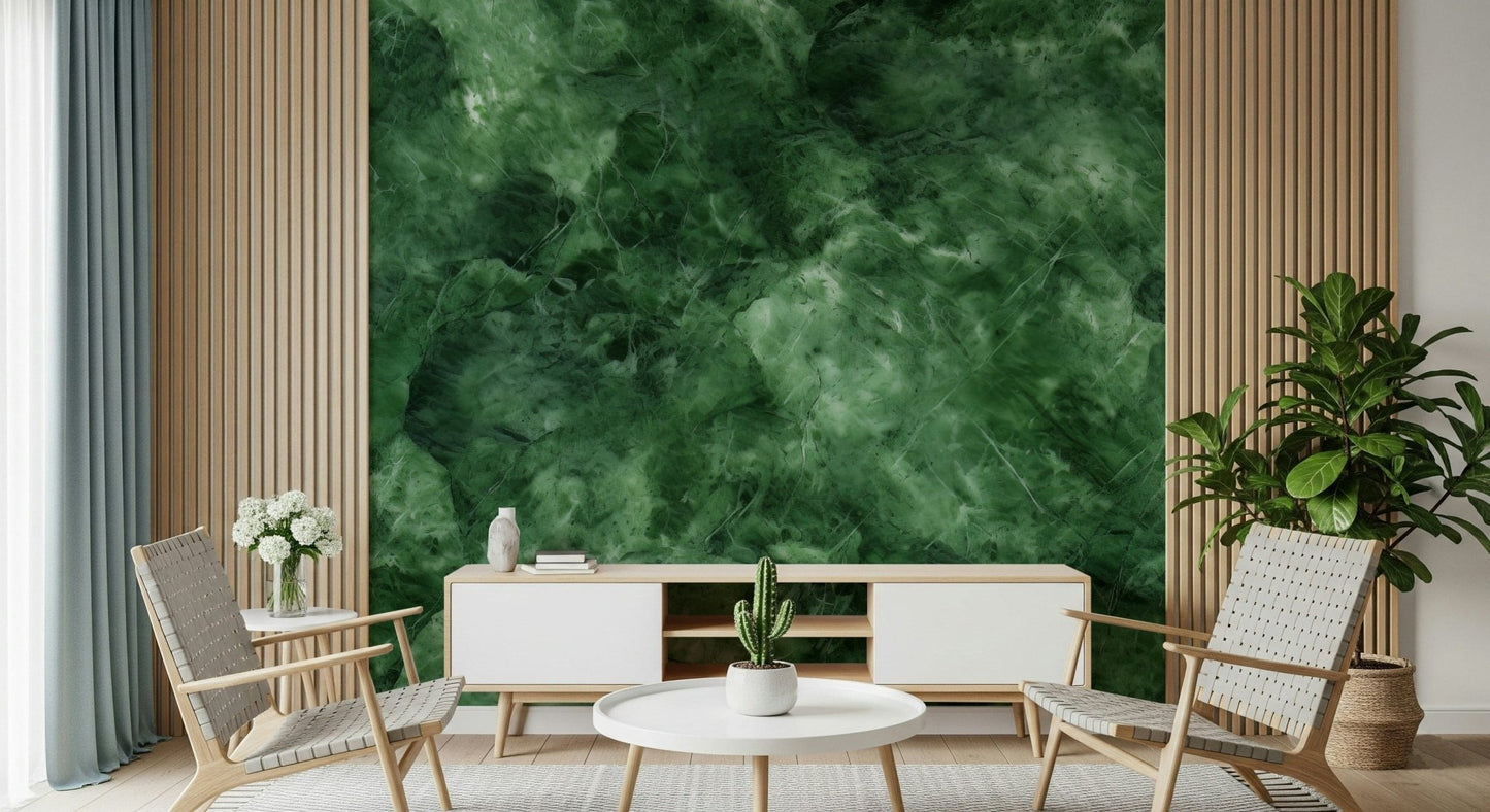 Luxurious emerald marble wallpaper with flowing veins for elegant and stylish decor.