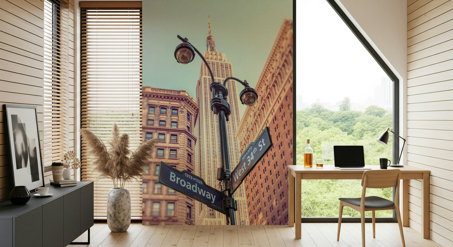 Urban vista Manhattan Majesty print, soaring art-deco wallpaper for walls.