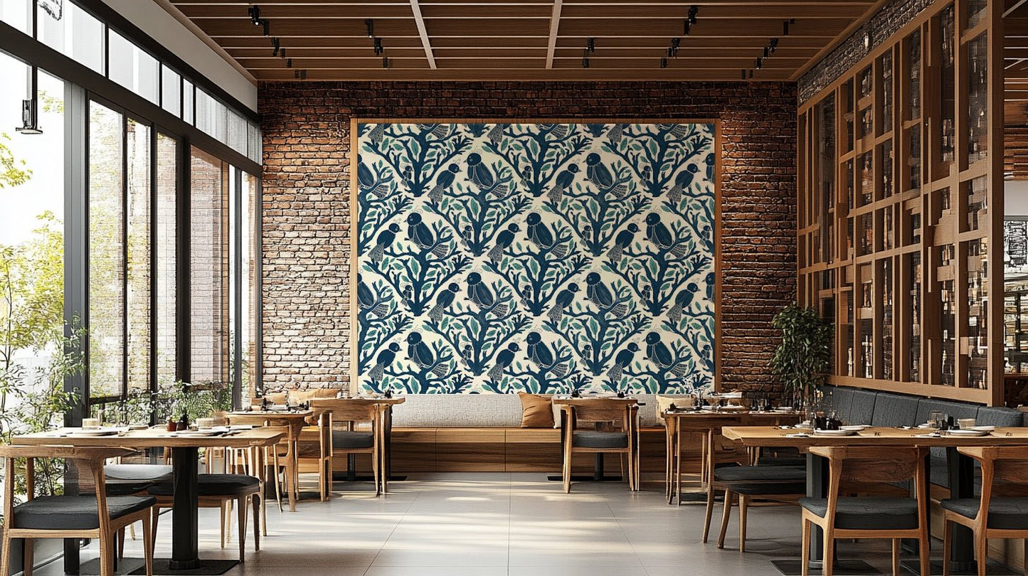 Detailed wallpaper with birds, flowers, and vines

