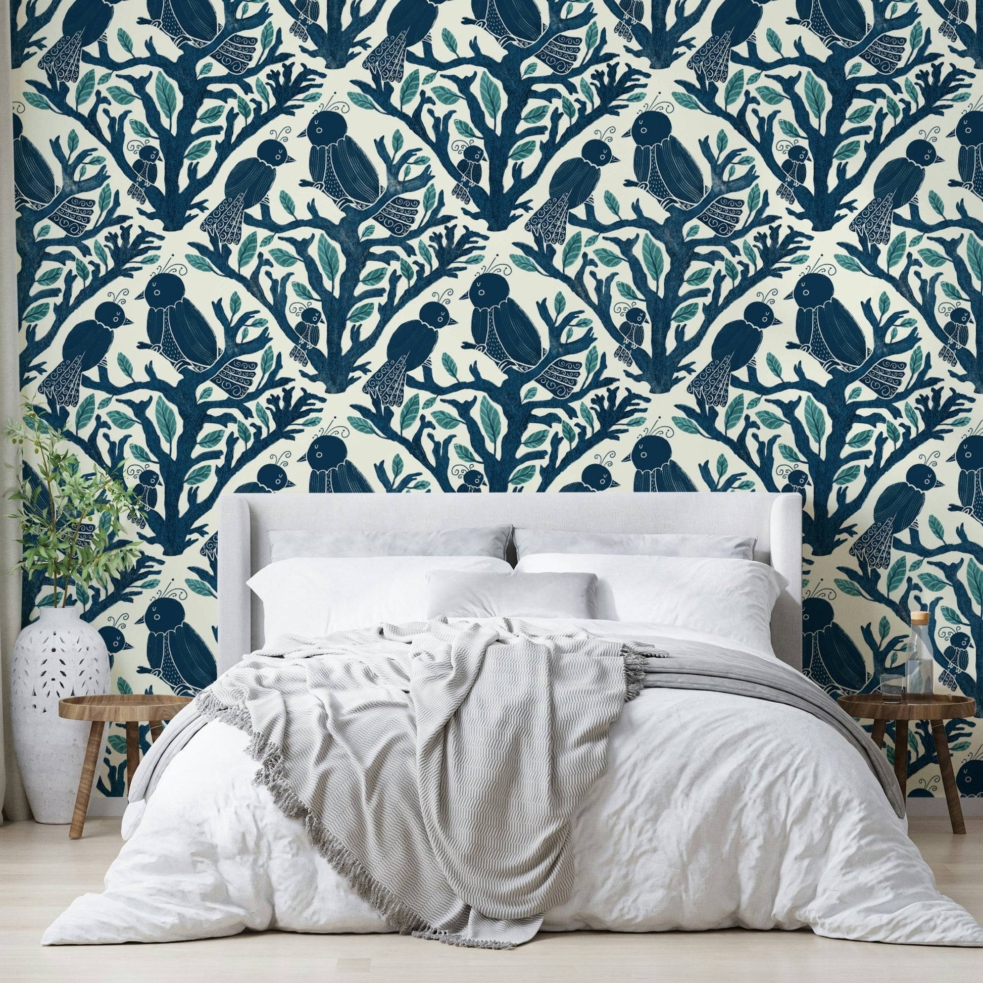 Storybook-style wallpaper with enchanted aviary scene

