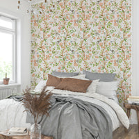 Classic chinoiserie wall mural in soft lavender and pastel shades.

