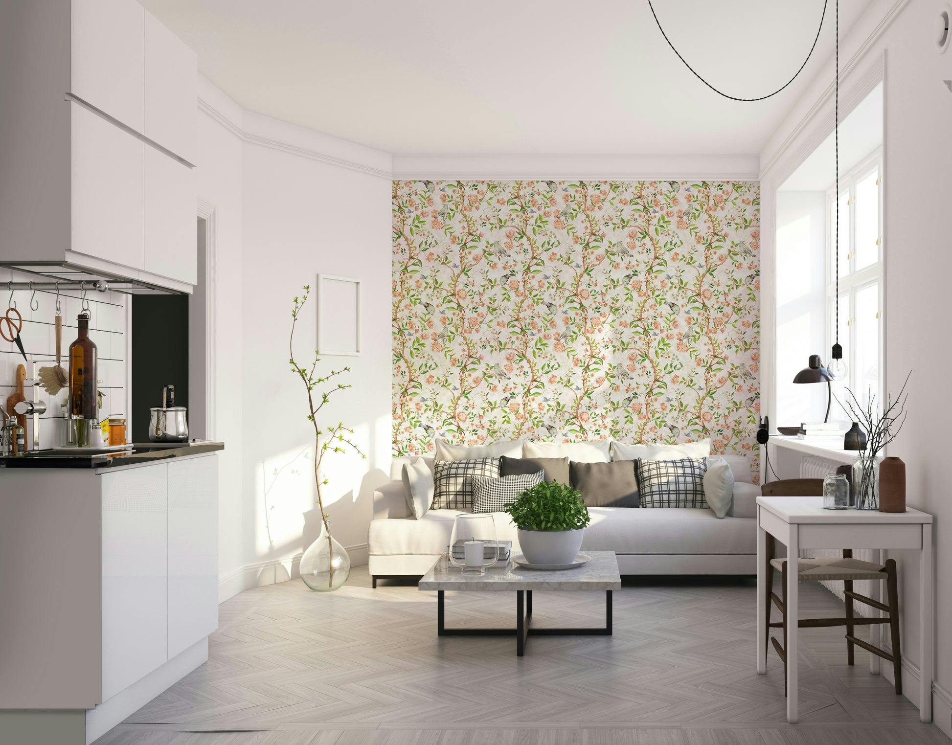 Romantic pastel mural with flowers, branches, and birds.

